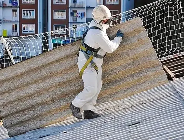 Mitarbeiter auf einem Dach bei der Entsorgung von Dachwellplatten